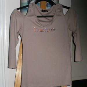 BEBE Cold Shoulder long sleeved/rhinestone details Top Like NEW